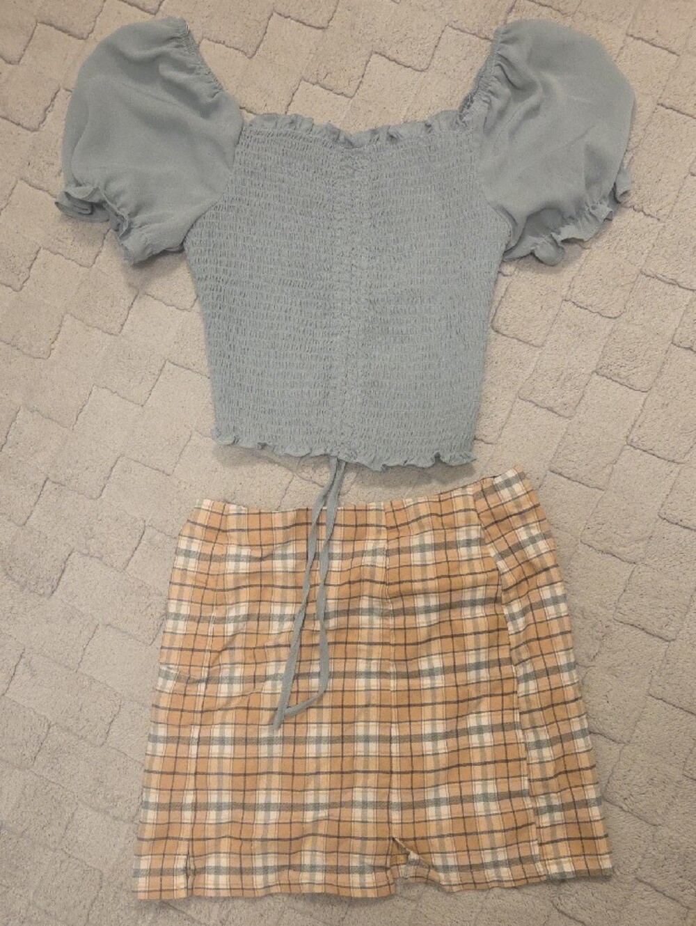 Women’s Plaid Mini Skirt in Beige and Blue - Picture 3 of 3